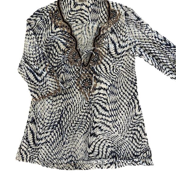 Soft Surroundings Shirt SZM Graphic Print Tunic Beaded V-neck Tie Front - Picture 5 of 10